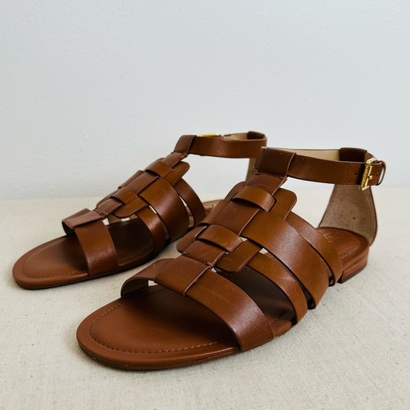 New Ralph Lauren Elianna brown calfskin leather ankle strap woven sandals - Picture 4 of 9